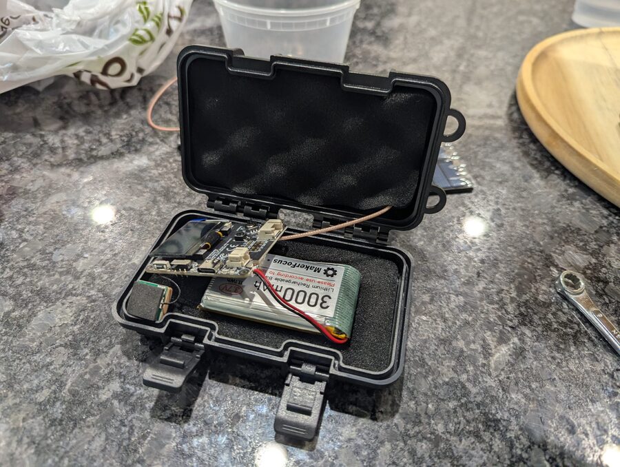 Magnetic node internals - Wio Tracker L1 and battery in foam enclosure