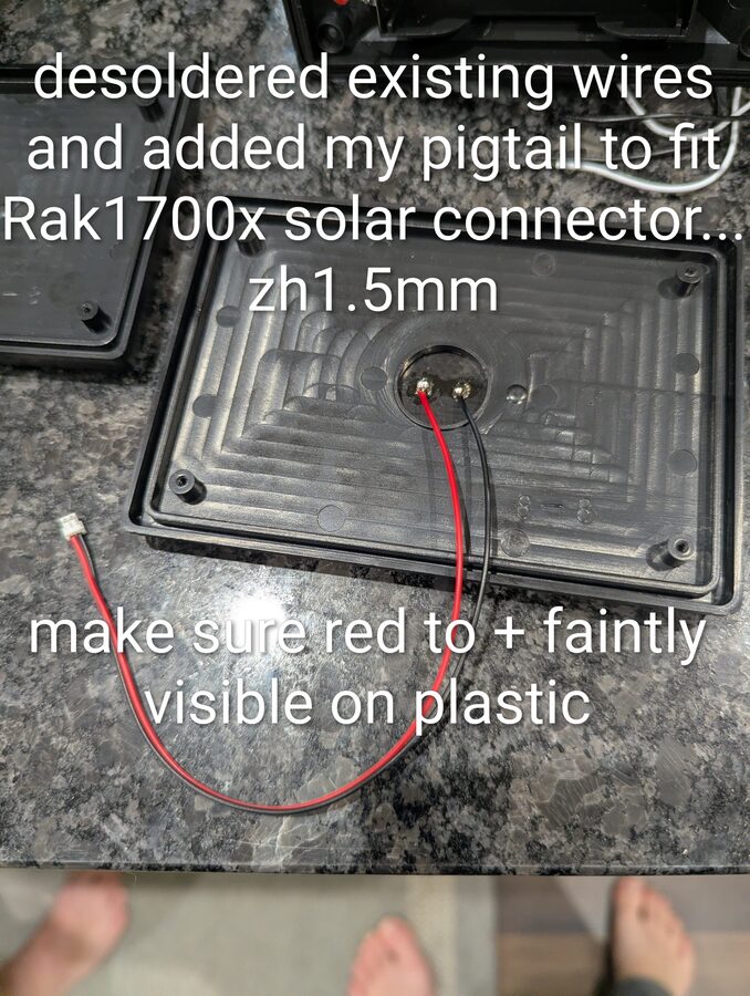 Solar panel back with ZH 1.5mm pigtail soldered on - red to +