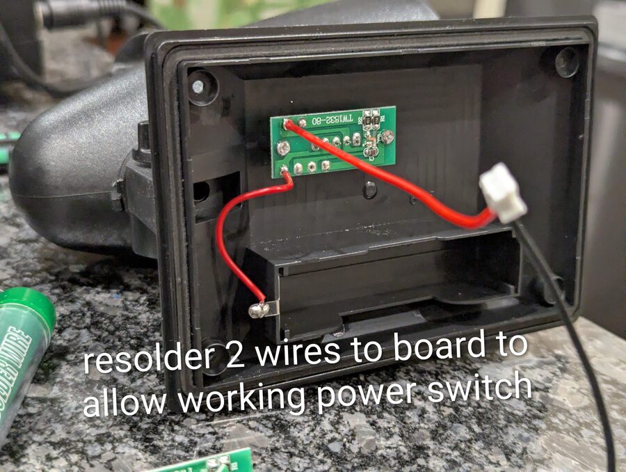 Switch board re-soldered with battery wiring - two wires for power switch
