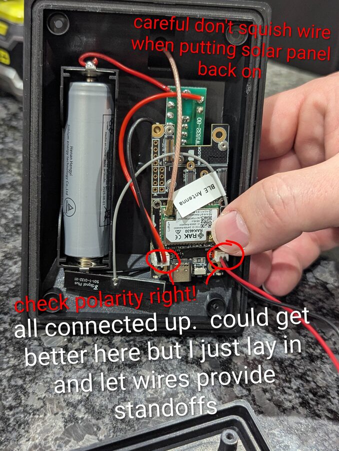 RAK board installed with all connections made - wires as standoffs