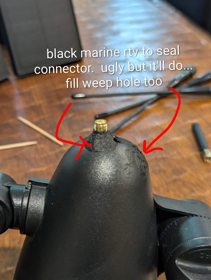 Marine RTV sealing the SMA connector and weep hole
