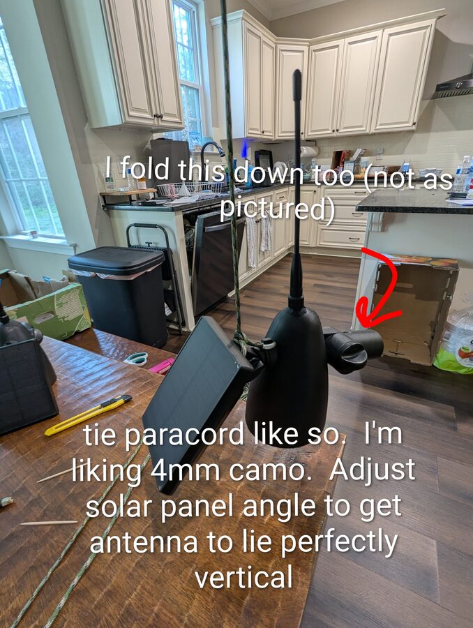 Hanging test - paracord rigged, solar panel folded, antenna vertical
