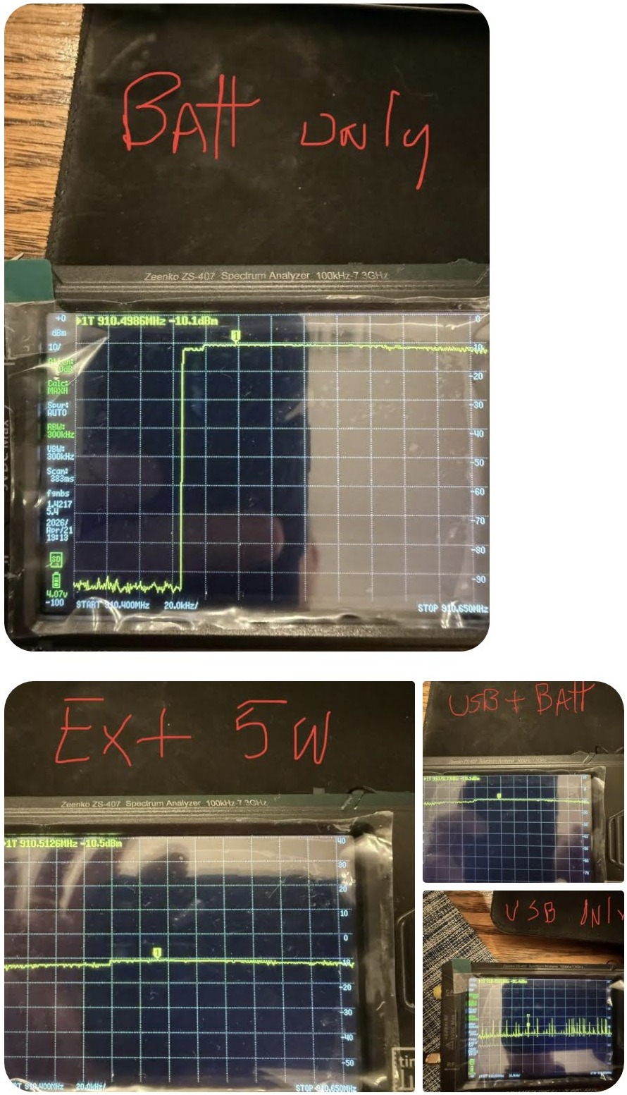 Spectrum analyzer comparison - Batt Only vs Ext 5W vs USB+Batt vs USB Only